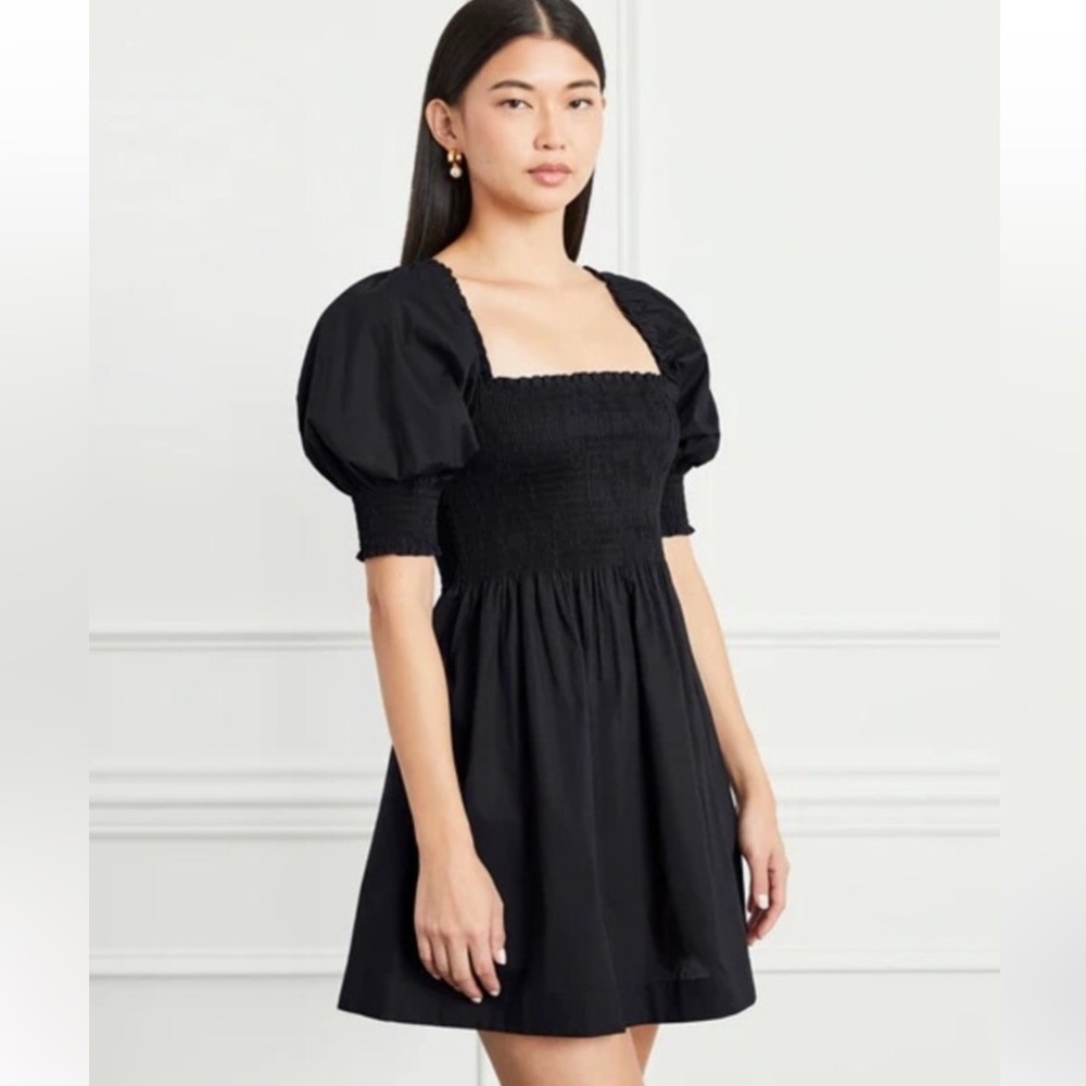 Hill House Black Smocked Bodice Puff Sleeve Midi Dress